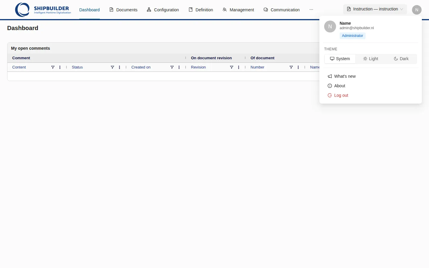 The account menu: a name, an e-mail address and a role tag, a theme switch offering System, Light and Dark, then What's new, About and Log out.