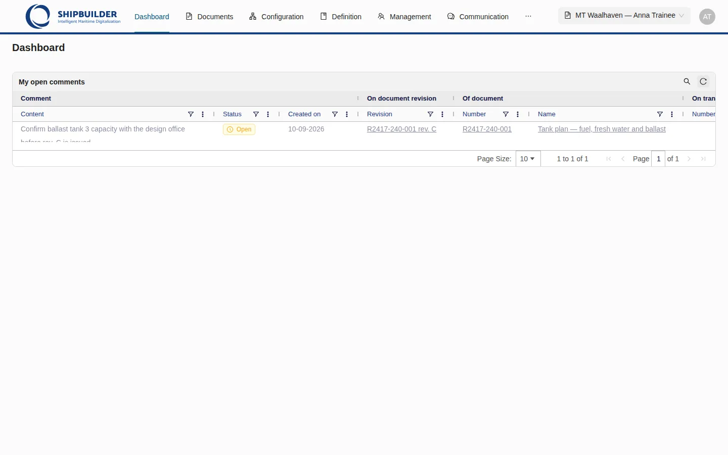 The Dashboard after the two verdicts: one open comment left