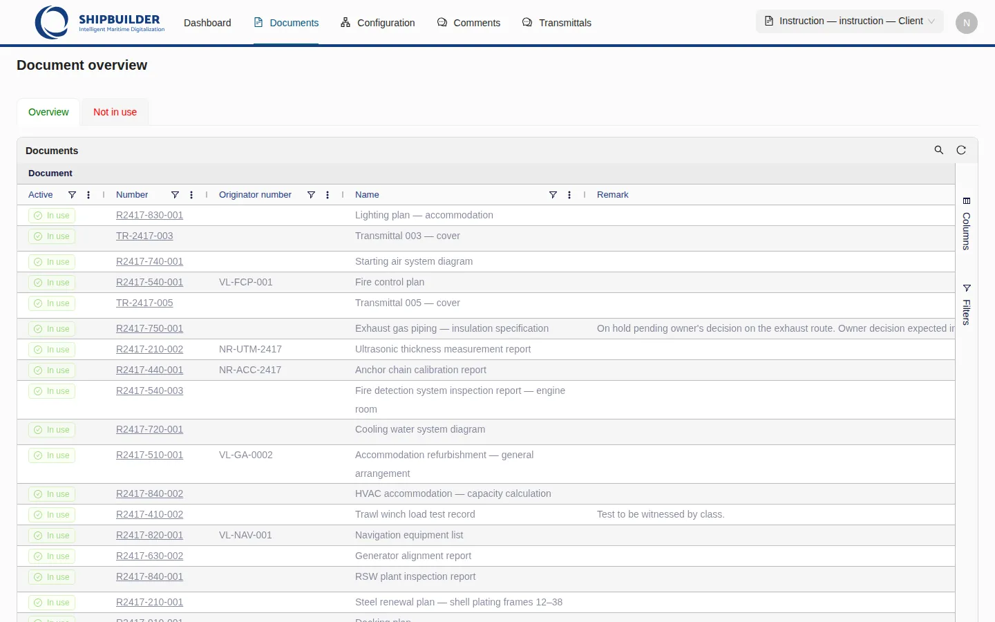 The same workspace opened through its Client portal: a shorter menu with Dashboard, Documents, Comments and Transmittals, the selector reading the workspace name followed by Client, and the register shown read-only.