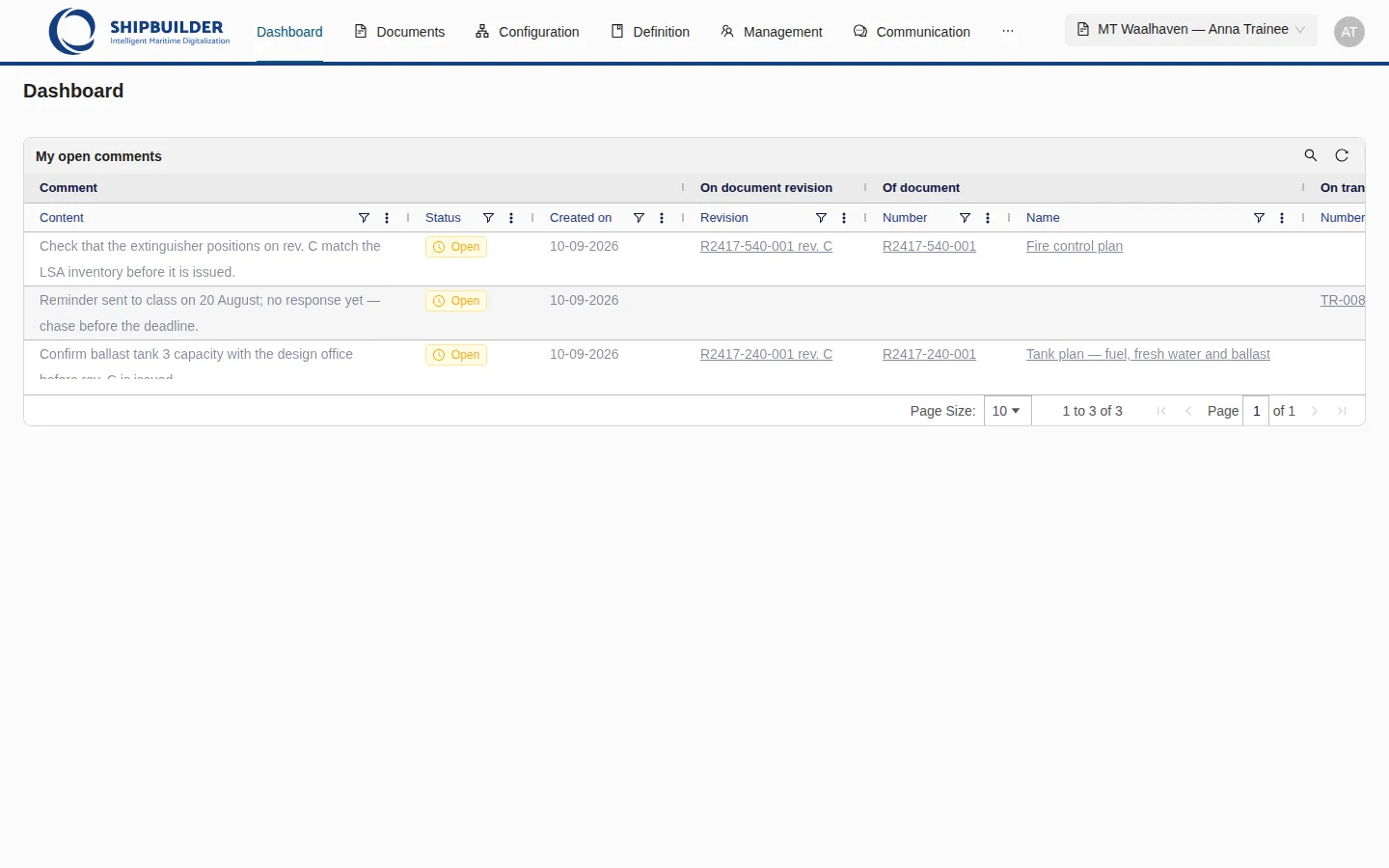 The Dashboard with the My open comments grid showing three open comments, each with the revision, document or transmittal it is about.
