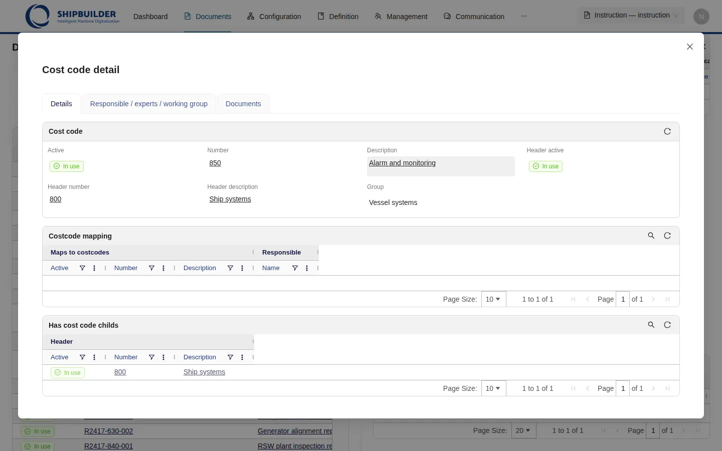 A popup window titled Cost code detail over the document page, showing cost code 850 Alarm and monitoring with its header 800 Ship systems, its group and its mapping.