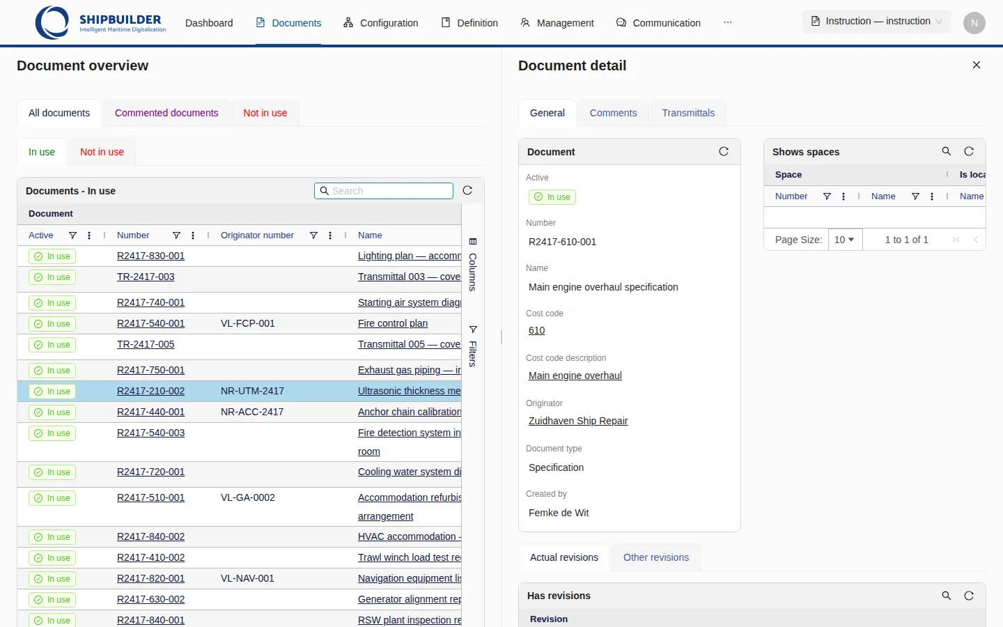 The detail page of the main engine overhaul specification: a Document block with its attributes and the cost code, originator and type beside them, then a grid of revisions with their files and comments.
