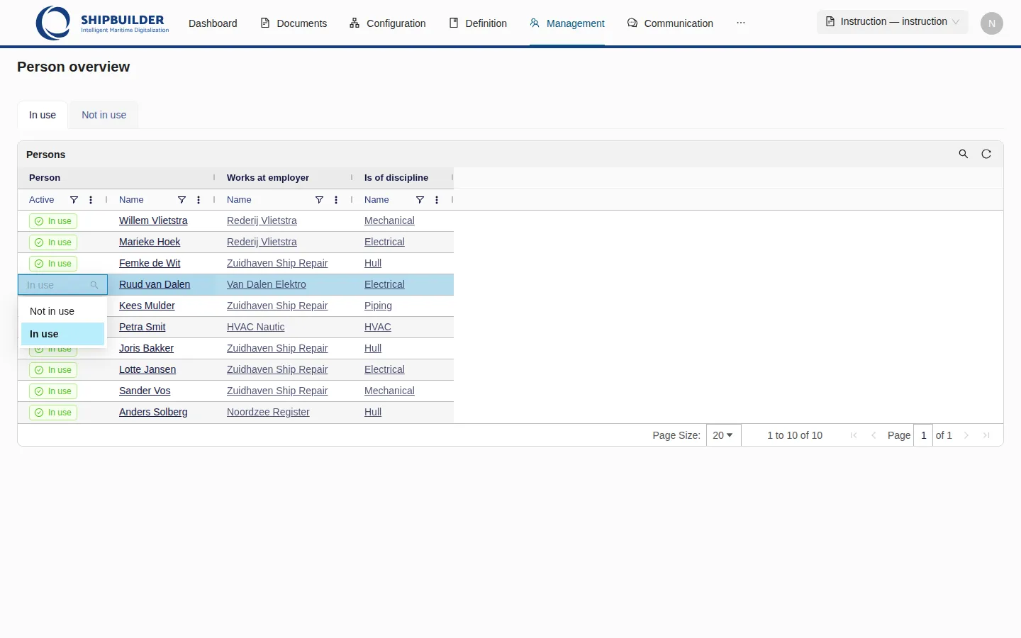 The Active cell of a person in the Persons overview open as a list with the two values In use and Not in use.