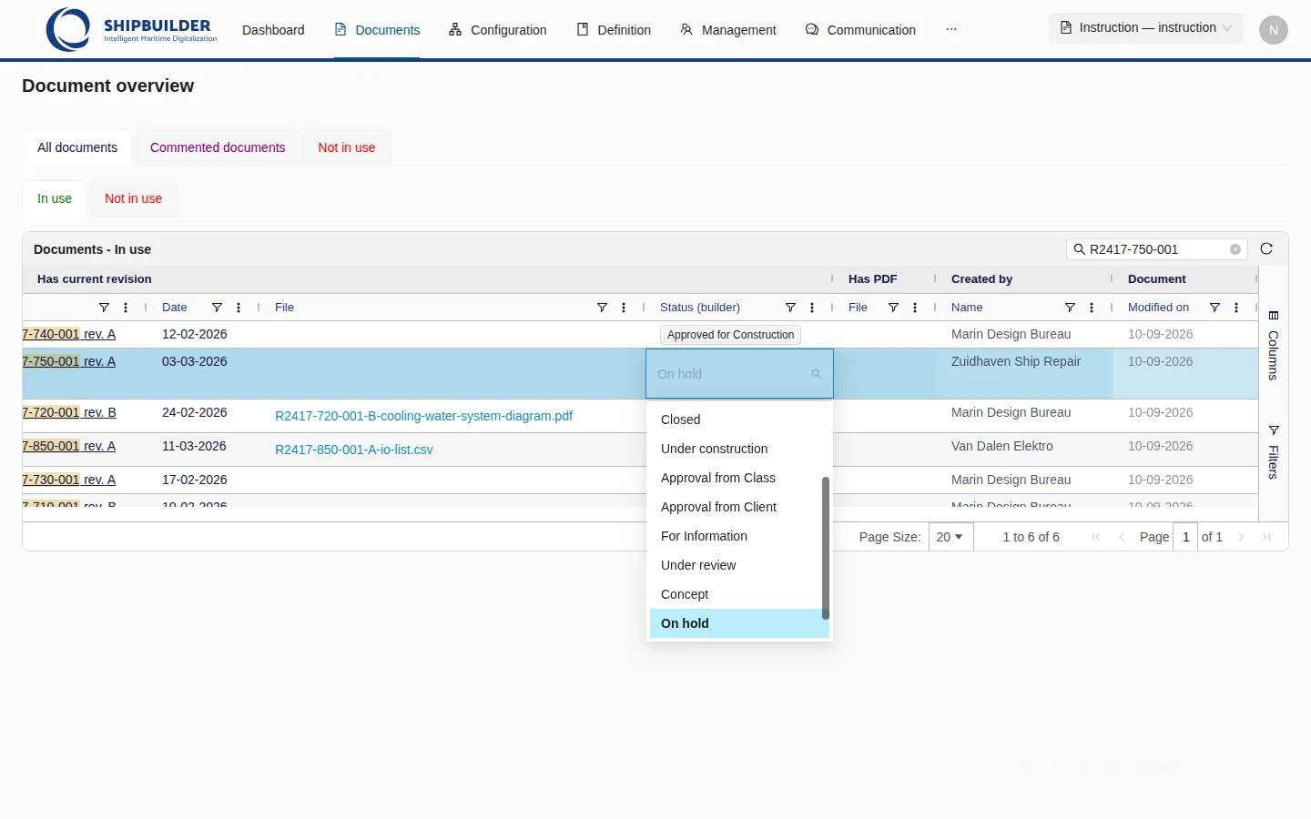 The Status (builder) cell open as a dropdown list of the allowed values: Concept, On hold, Preliminary for information, Voided, Closed, Under construction, Approval from Class, Approval from Client, For Information and Under review.