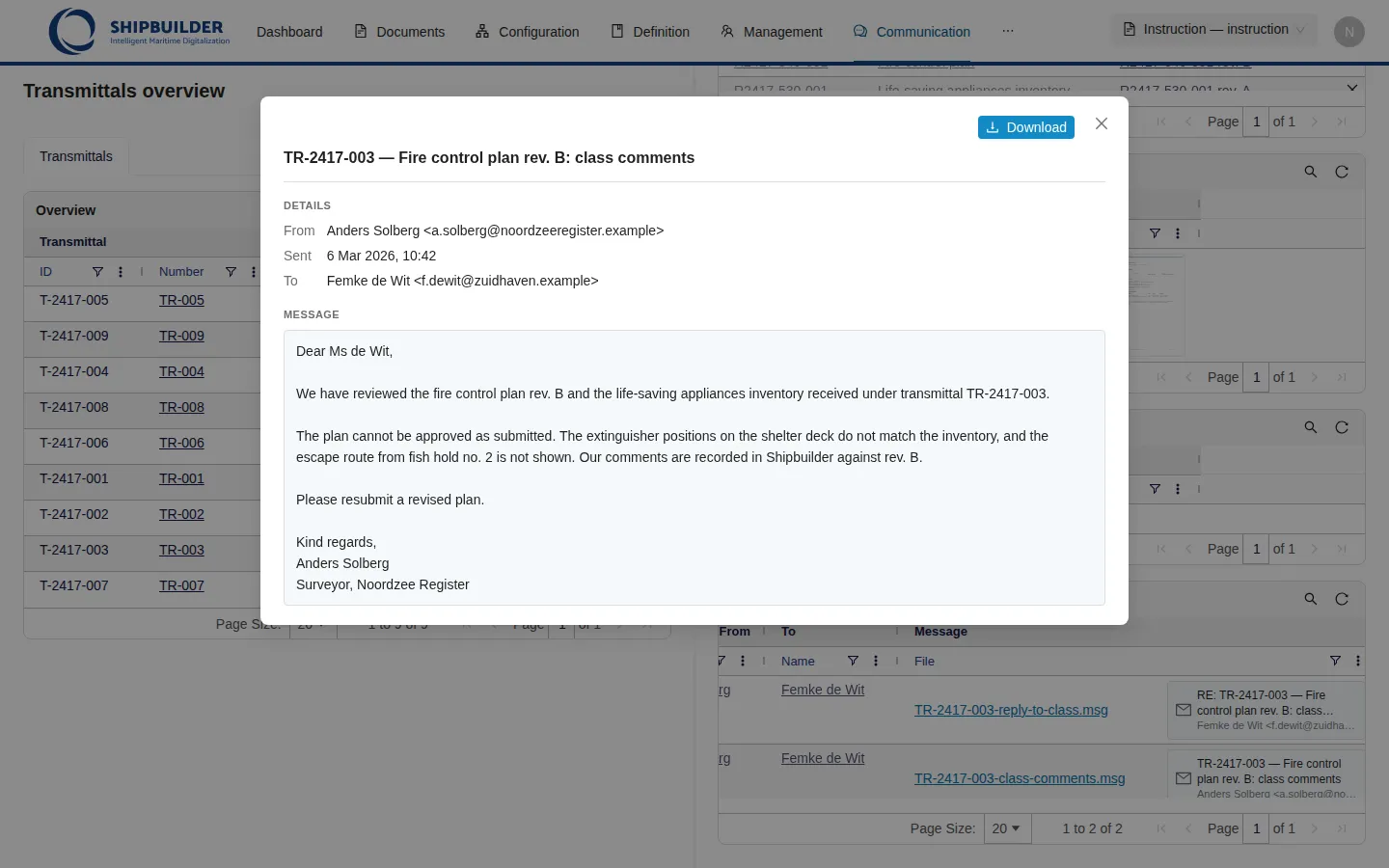 The e-mail preview window: the subject as title, From, Sent and To fields, and the message text from the surveyor explaining why the fire control plan cannot be approved.