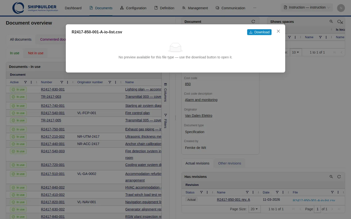 The file window for a CSV file: a message that no preview is available for this file type, and a Download button.