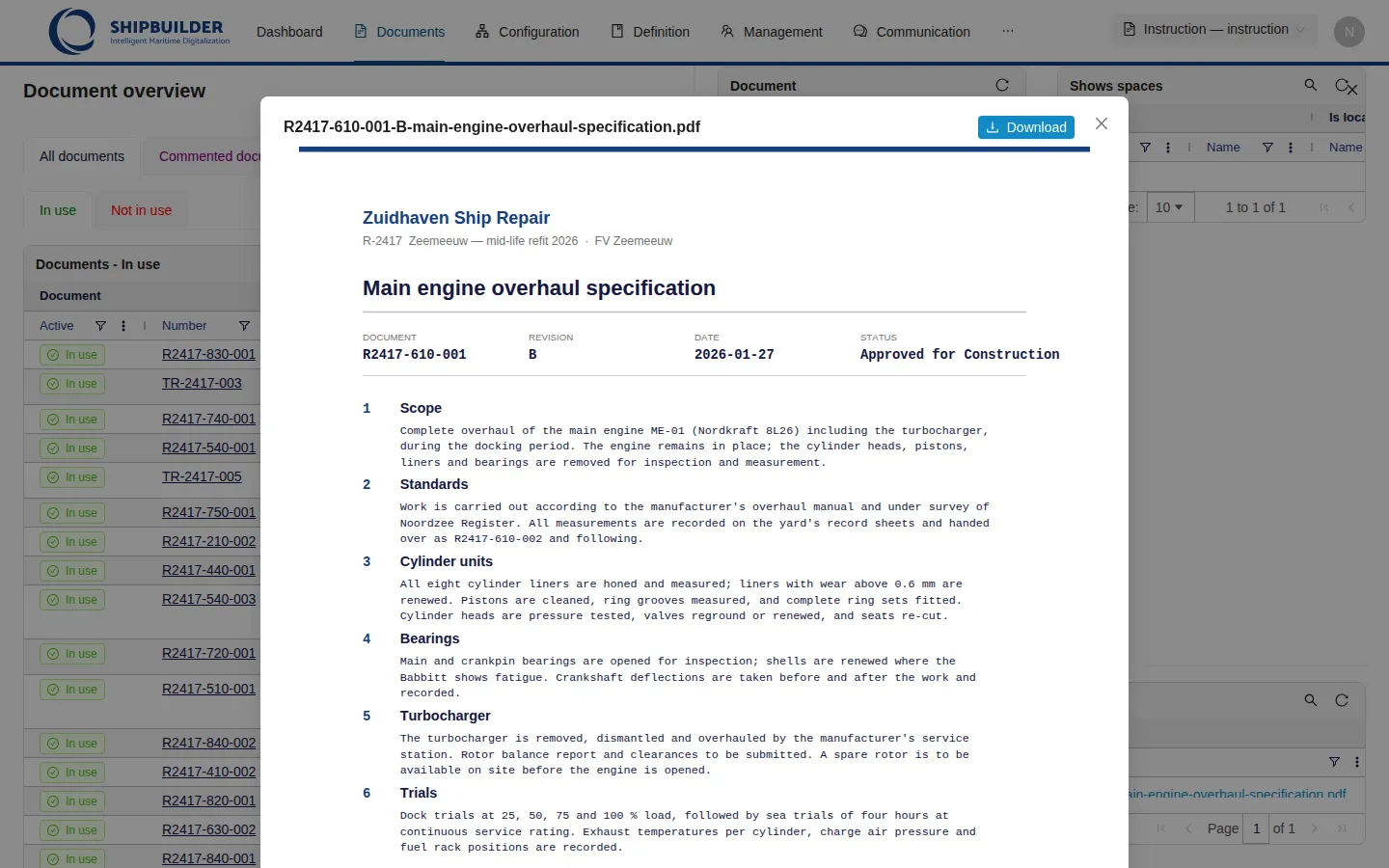 The PDF viewer window over the document page, showing the first page of the main engine overhaul specification, with a Download button in the window header.