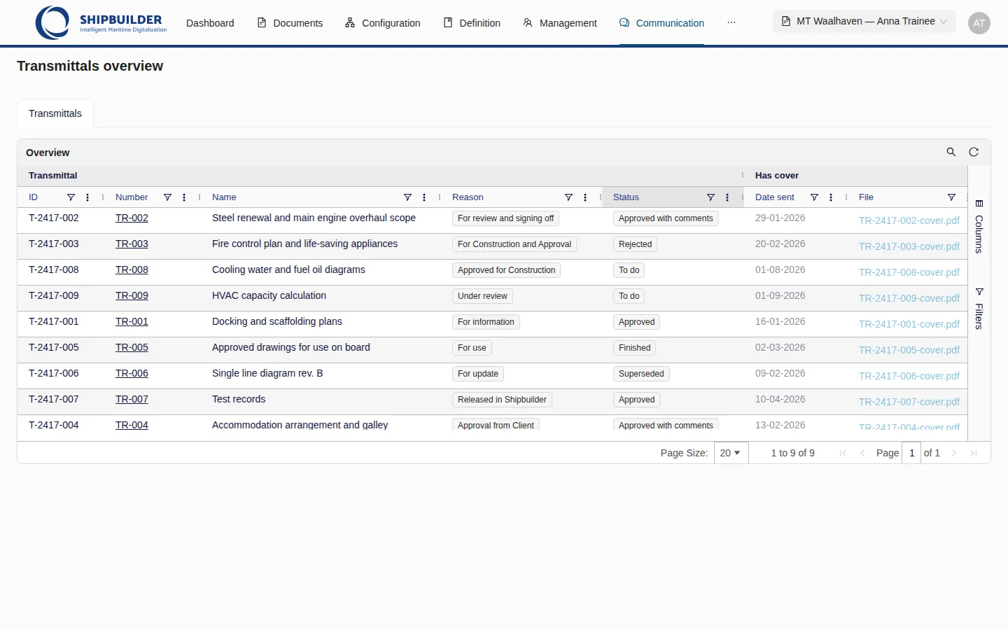 Transmittals overview, sorted on Status