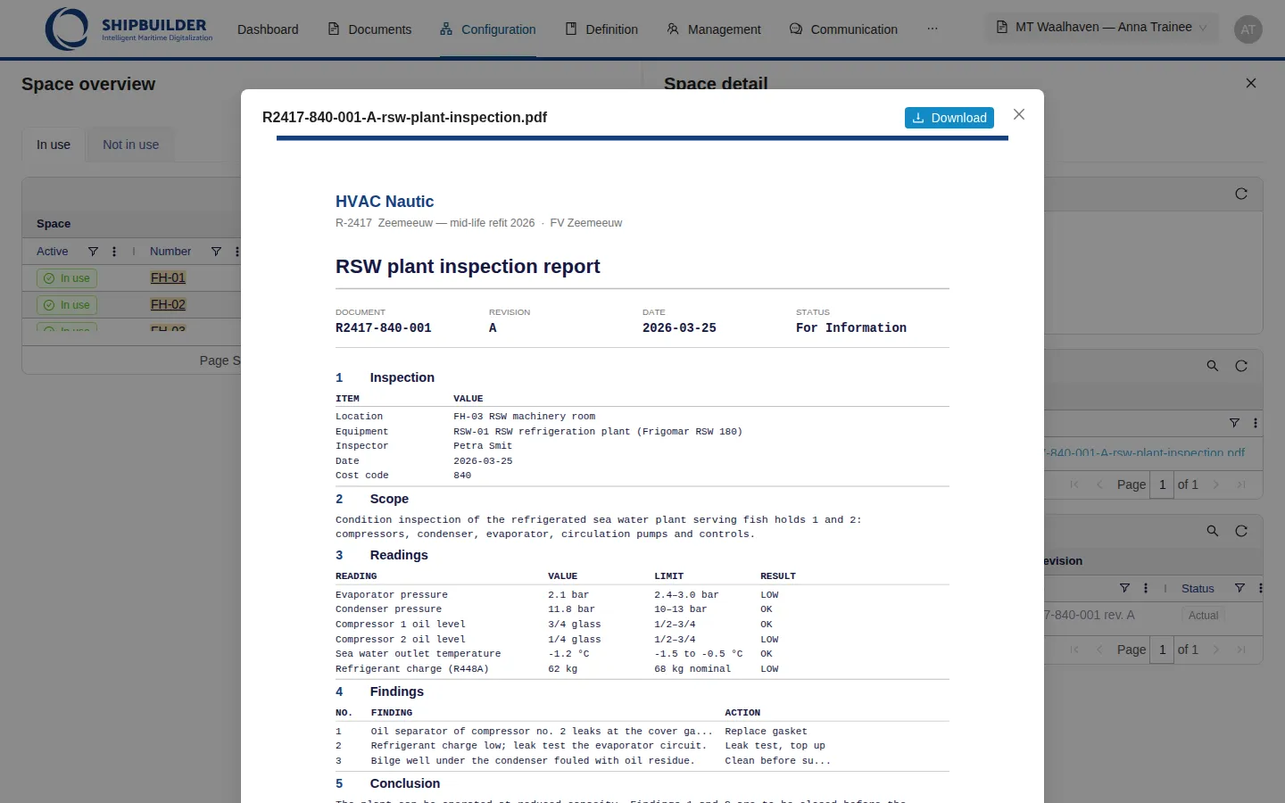 FH-03, Documents tab — the inspection report in the viewer
