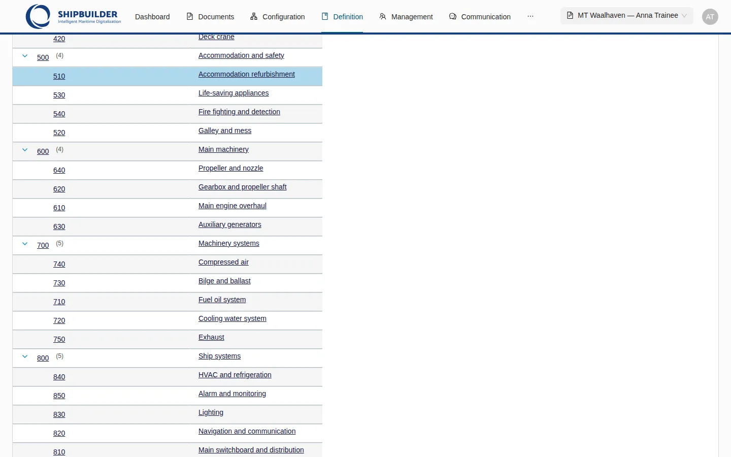 Cost code tree — 700 Machinery systems