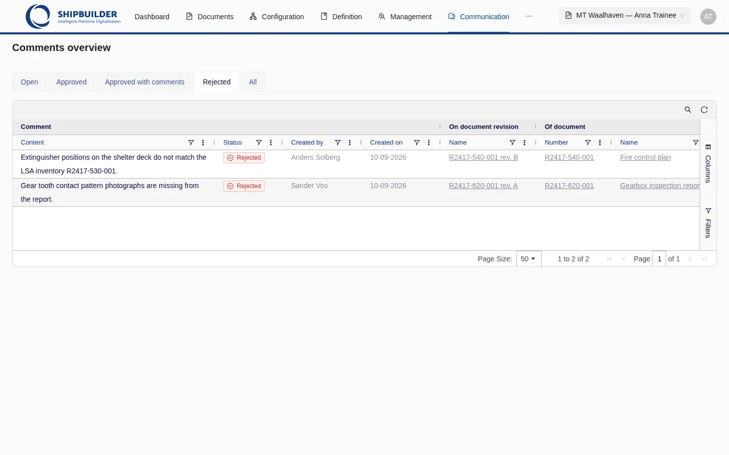 Comments overview — Rejected tab