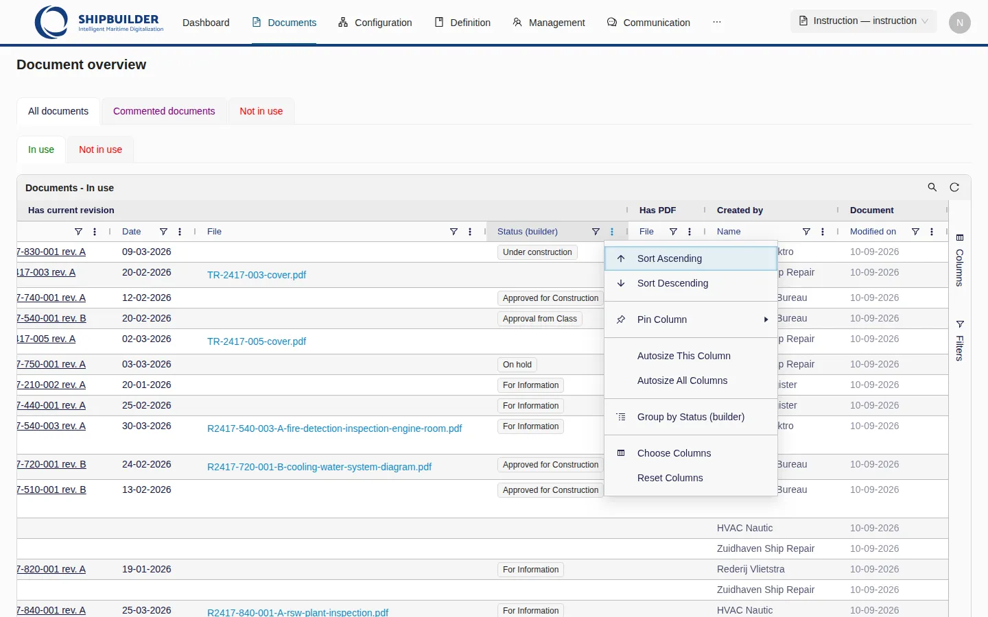 The column menu: Sort Ascending, Sort Descending, Pin Column, Autosize This Column, Autosize All Columns, Group by Status (builder), Choose Columns and Reset Columns.