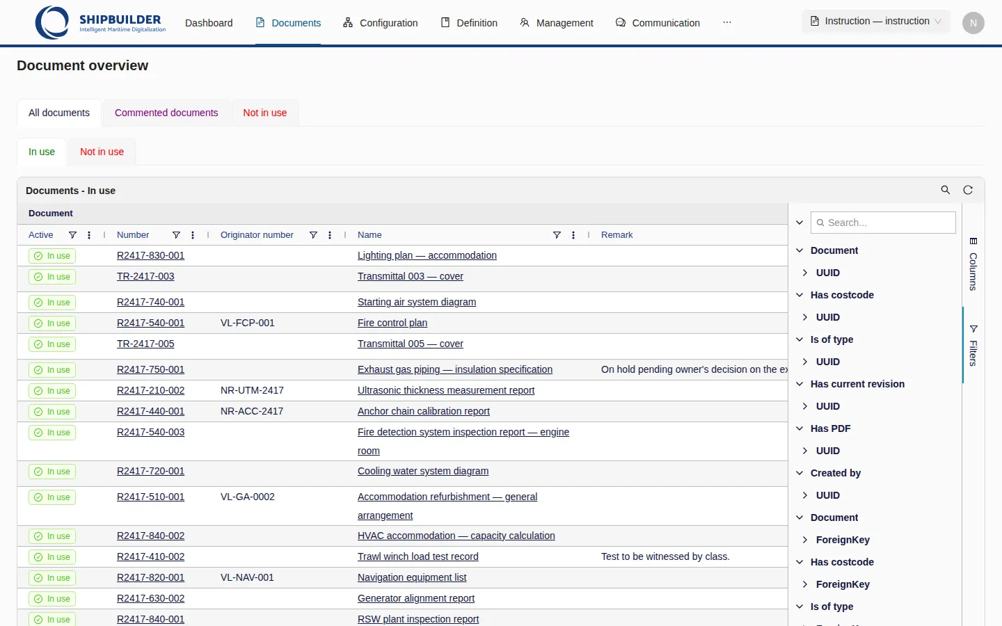 The Filters side panel open on the right of the grid, listing every column with a filter field, grouped by record.