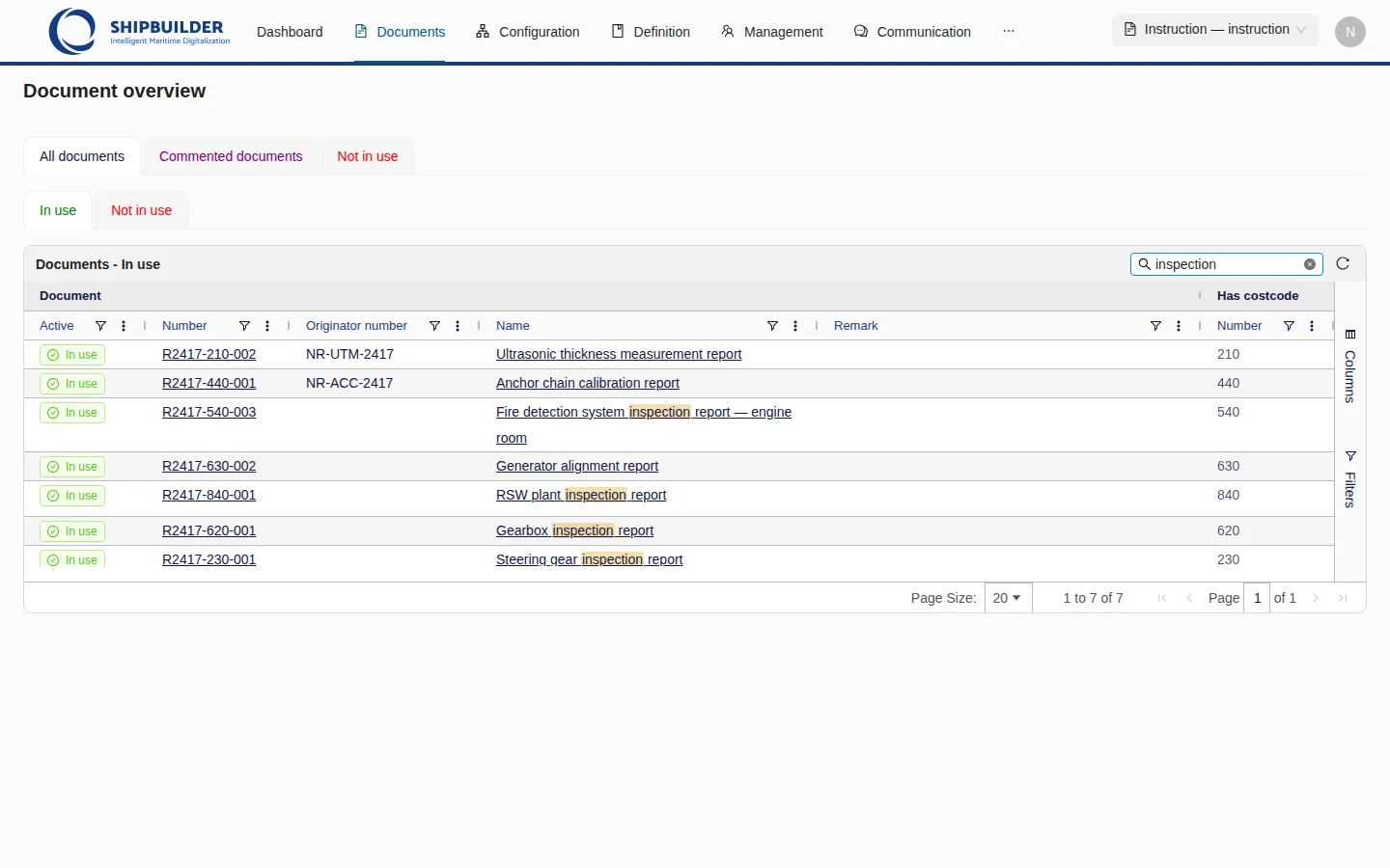 The register with the search box open on the block header and the word inspection typed in it; the grid shows the seven documents whose row contains the word.