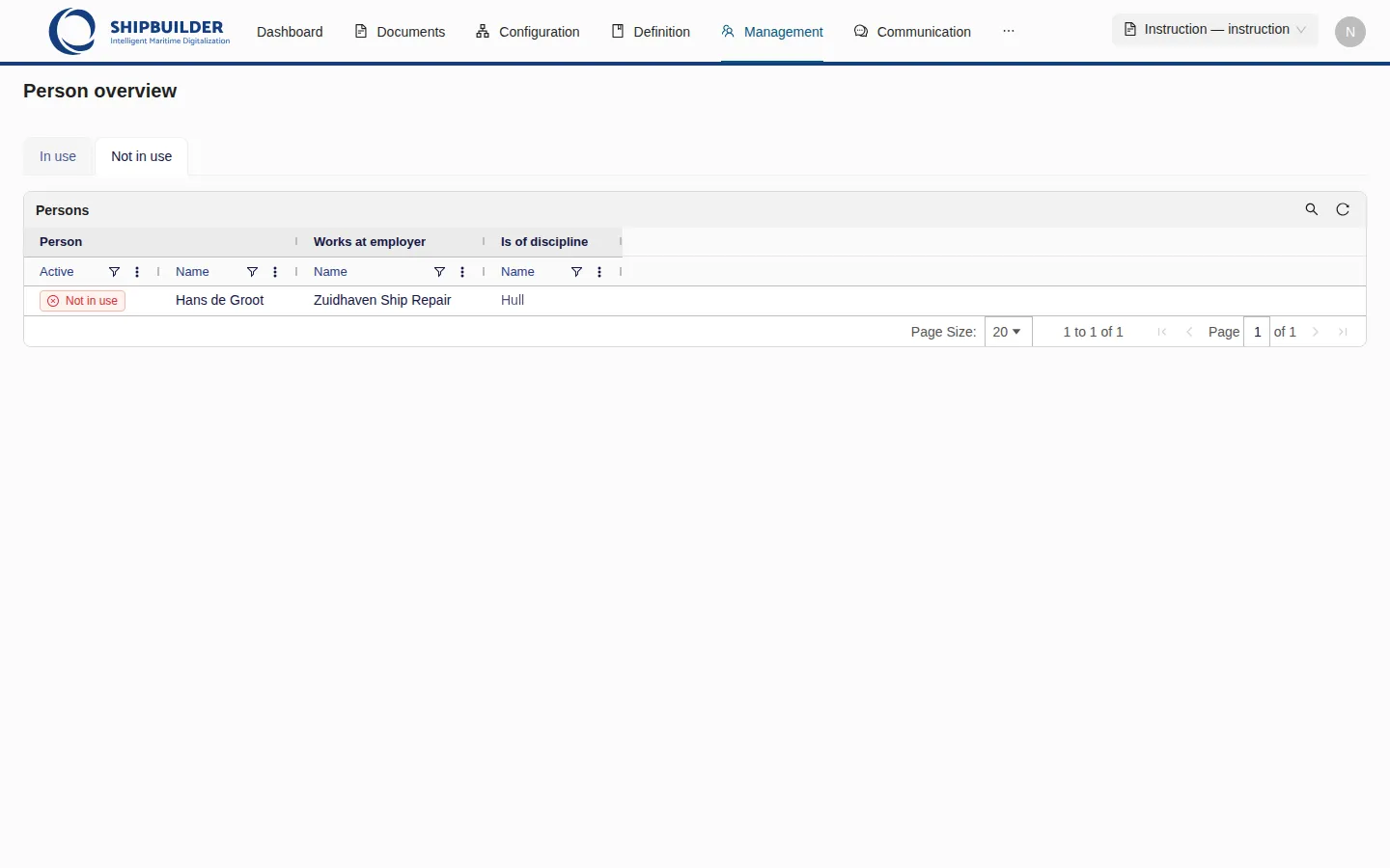 The Not in use tab of the Persons overview, listing a former project manager with his employer and discipline.