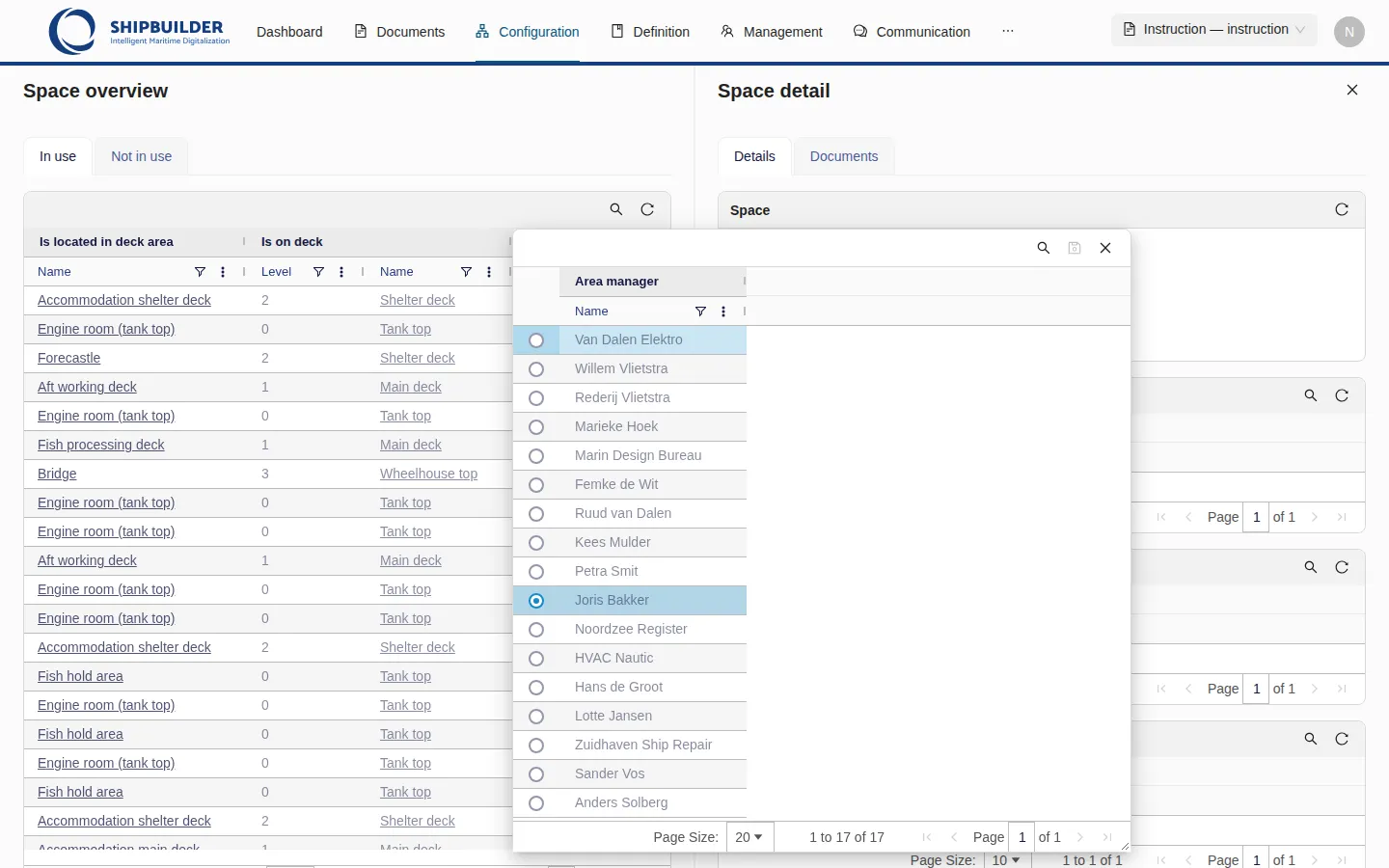 The picker dialog for the area manager of a space: a searchable grid of persons and organisations with the search box filled in.