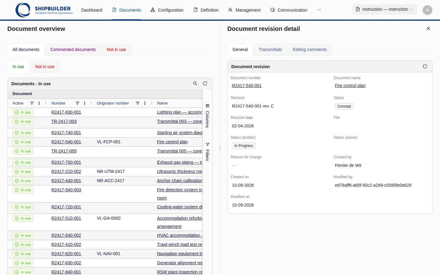 The detail page of rev. C of the fire control plan: revision, status Concept, revision date, file, status (builder), status (owner), reason for change, created by and on, modified by and on, with the document's number and name at the bottom.