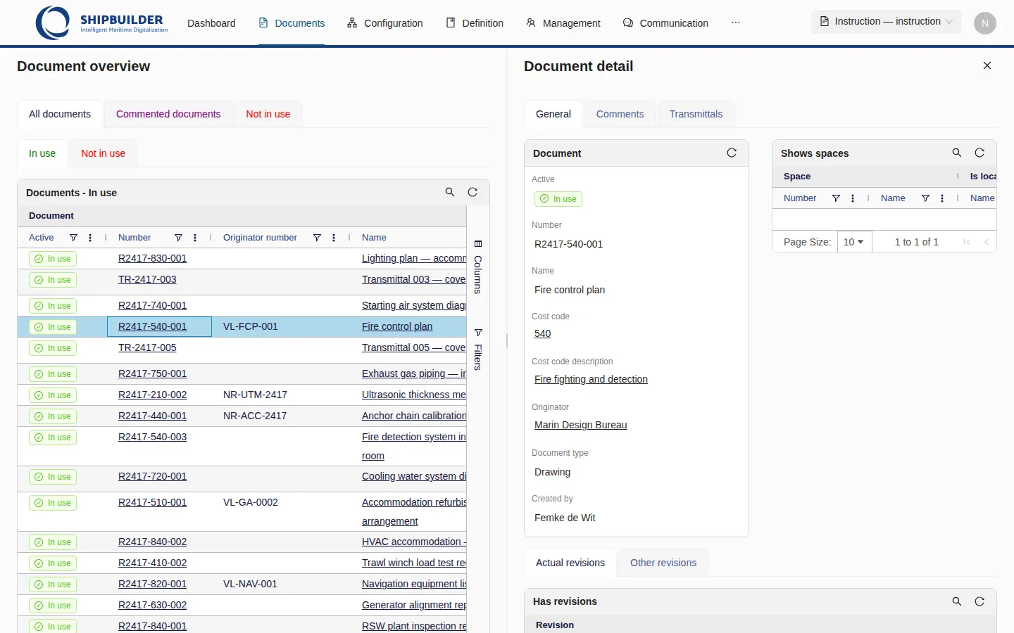 The Document overview on the In use tab: the register as a grid with Active, Number, Originator number, Name, Remark and cost code columns, a magnifier and a refresh button on the block header, a Columns and Filters strip on the right, and a footer reading 1 to 20 of 46.