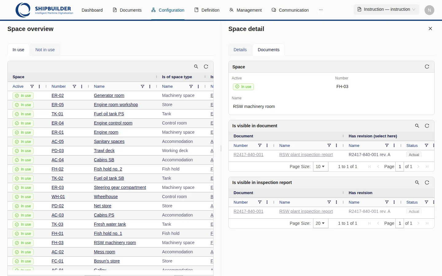 The Documents tab of the RSW machinery room: the RSW plant inspection report listed under Is visible in document and again under Is visible in inspection report, with its revision, date and PDF.
