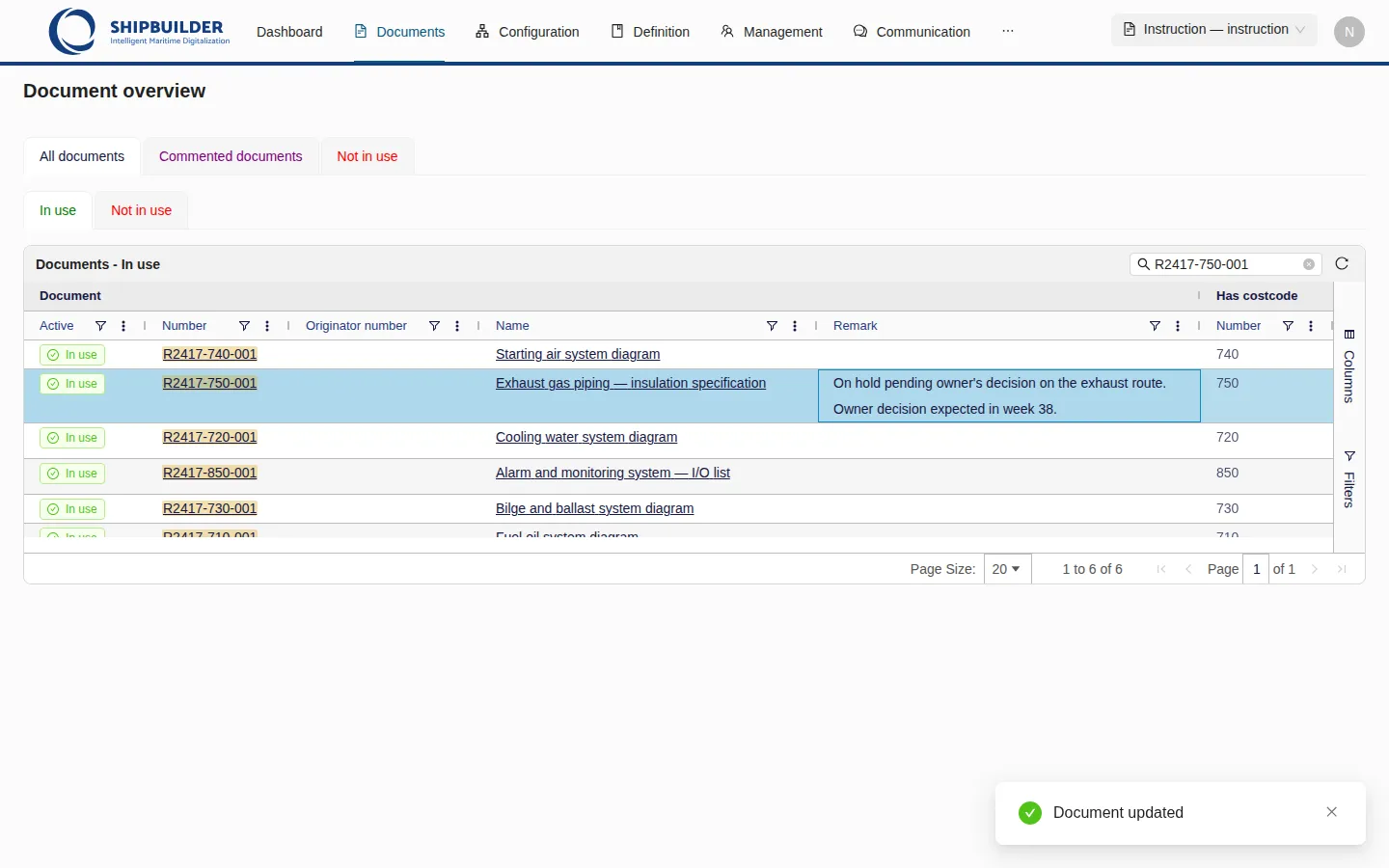 A green notification reading Document updated, over the register after a remark was edited.