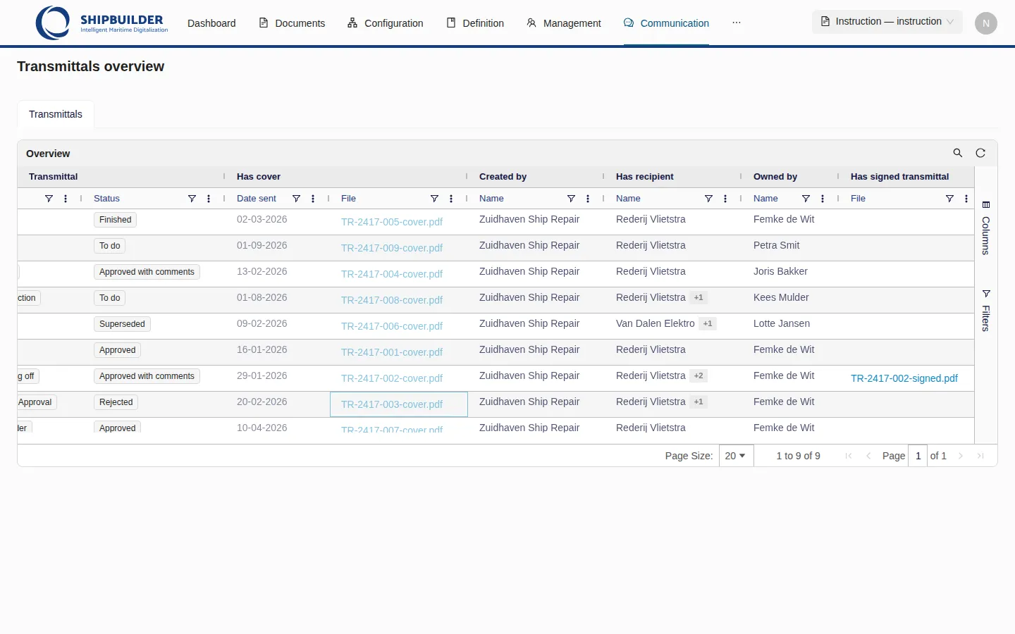 The Transmittals overview: one row per transmittal with ID, number, name, reason, status, date sent, cover file, created by, recipient with a +1 badge on some rows, owner and signed transmittal.