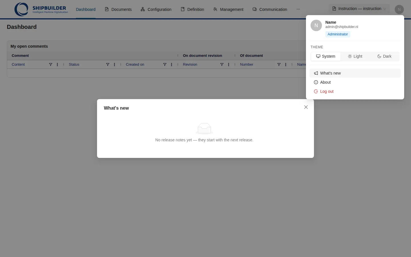 The What's new dialog opened from the account menu, listing release notes.