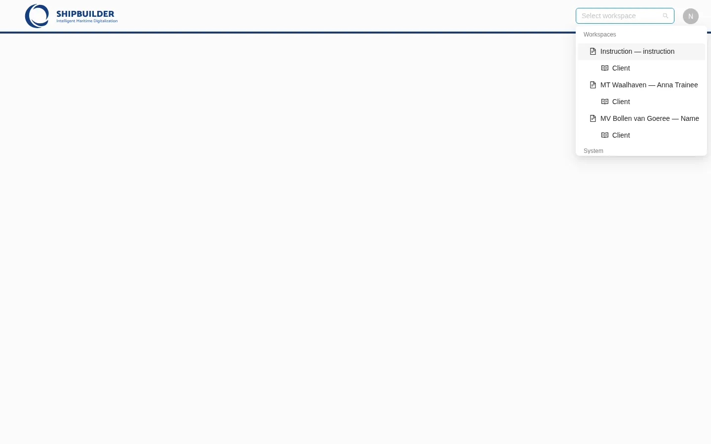 The workspace selector dropdown open, listing several workspaces by name, each with an indented Client row underneath it.
